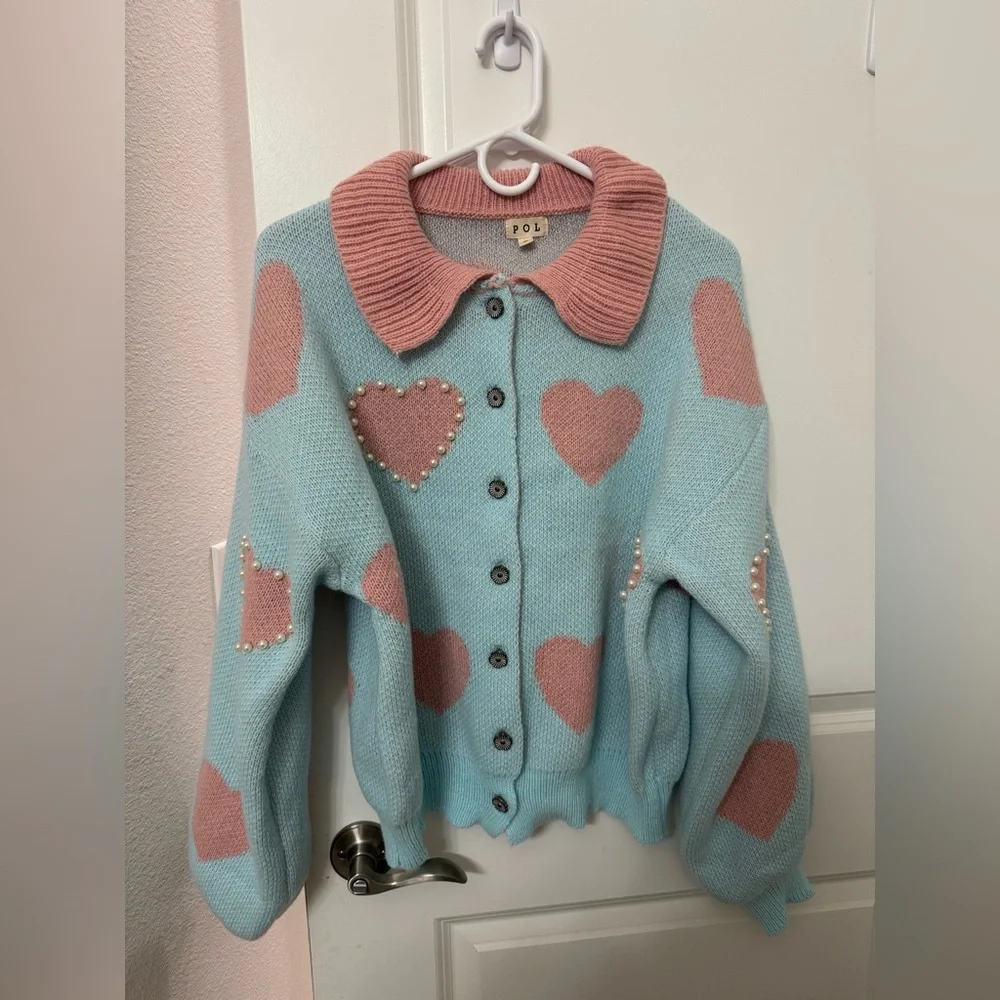 POL Heart pattern with faux pearl cardigan sweater - Picture 5 of 7